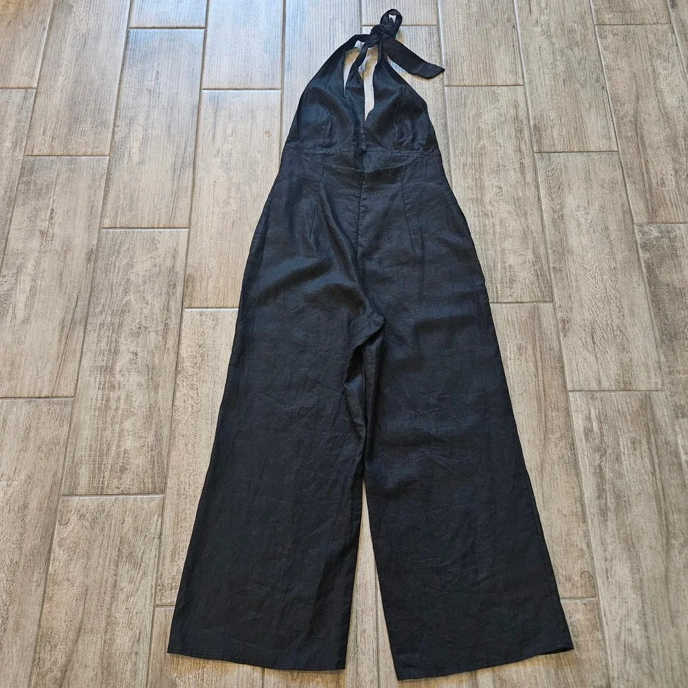 Wilfred Jumpsuit Size 4 Black Linen Halter Wide Leg Open Back Summer Chic